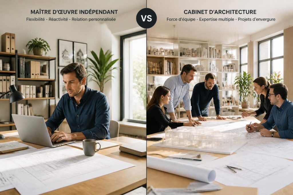 découvrez les avantages comparés entre un maître d’œuvre indépendant et un cabinet pour choisir la meilleure option pour votre projet de construction.