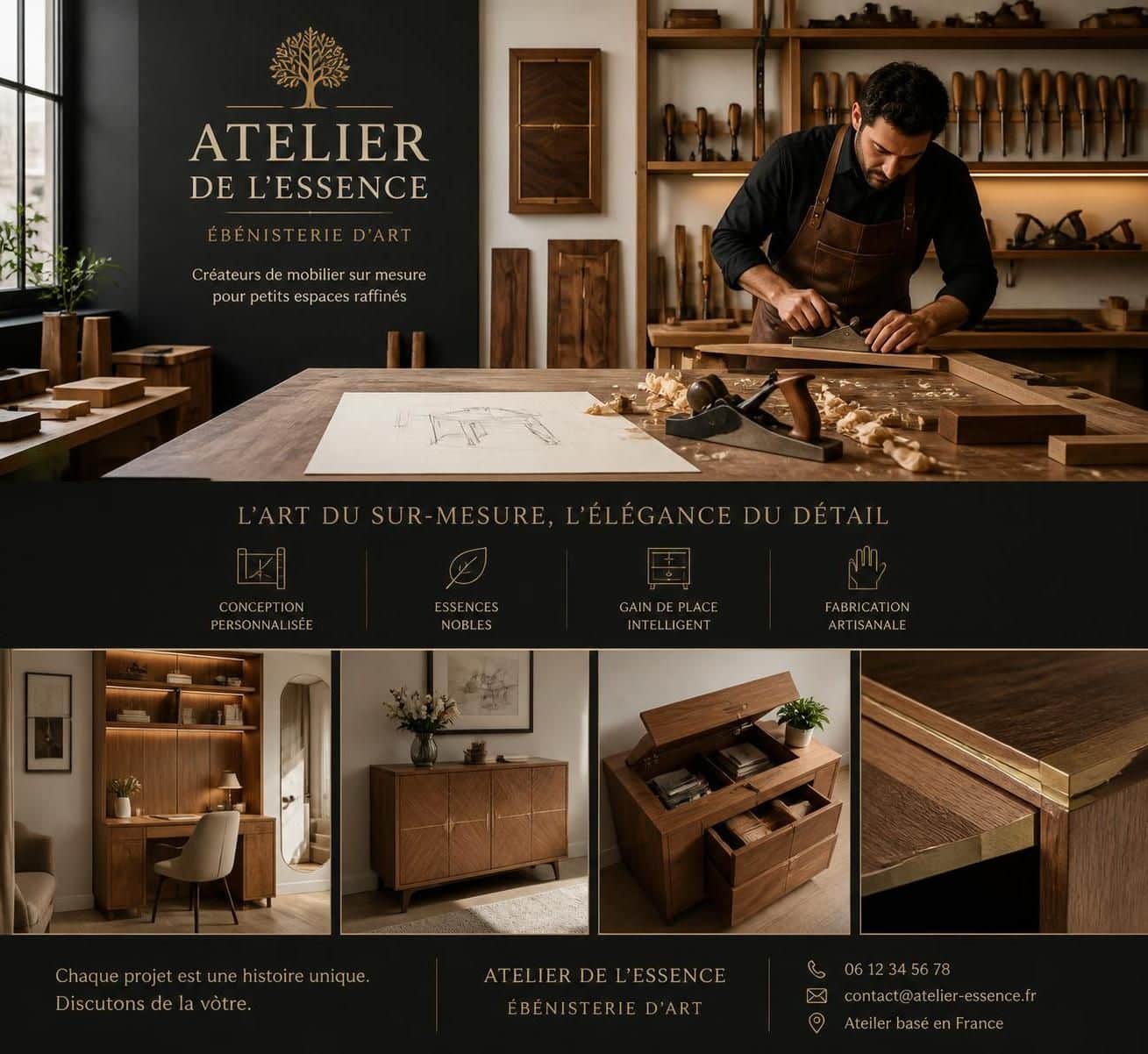 découvrez l'ébénisterie d'art spécialisée dans la création de projets décoratifs uniques, parfaitement adaptés aux petits espaces pour allier esthétique et fonctionnalité.